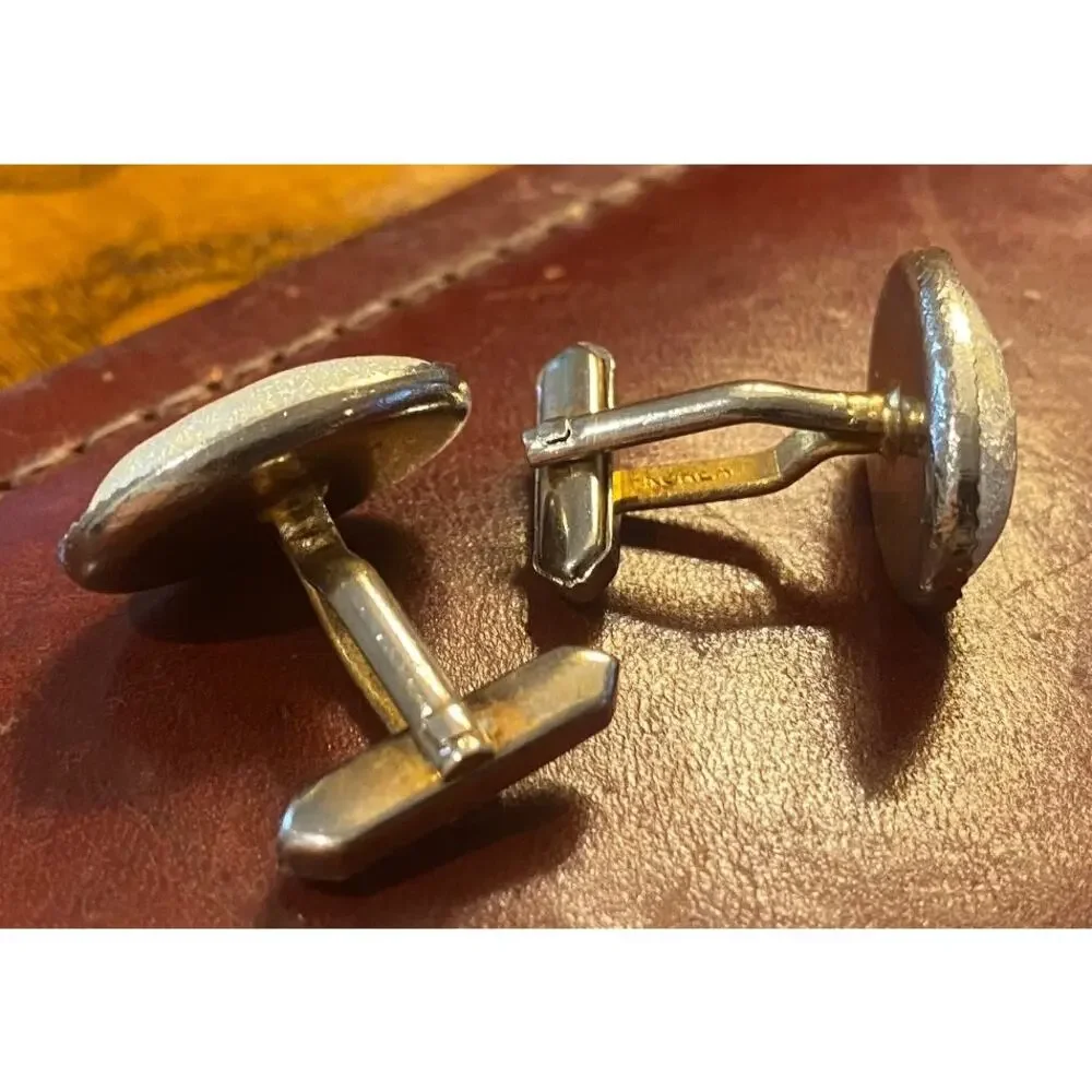 VTG Gold Tone Bordered Cufflinks , Oval with Marbleized White Insets, Stamped